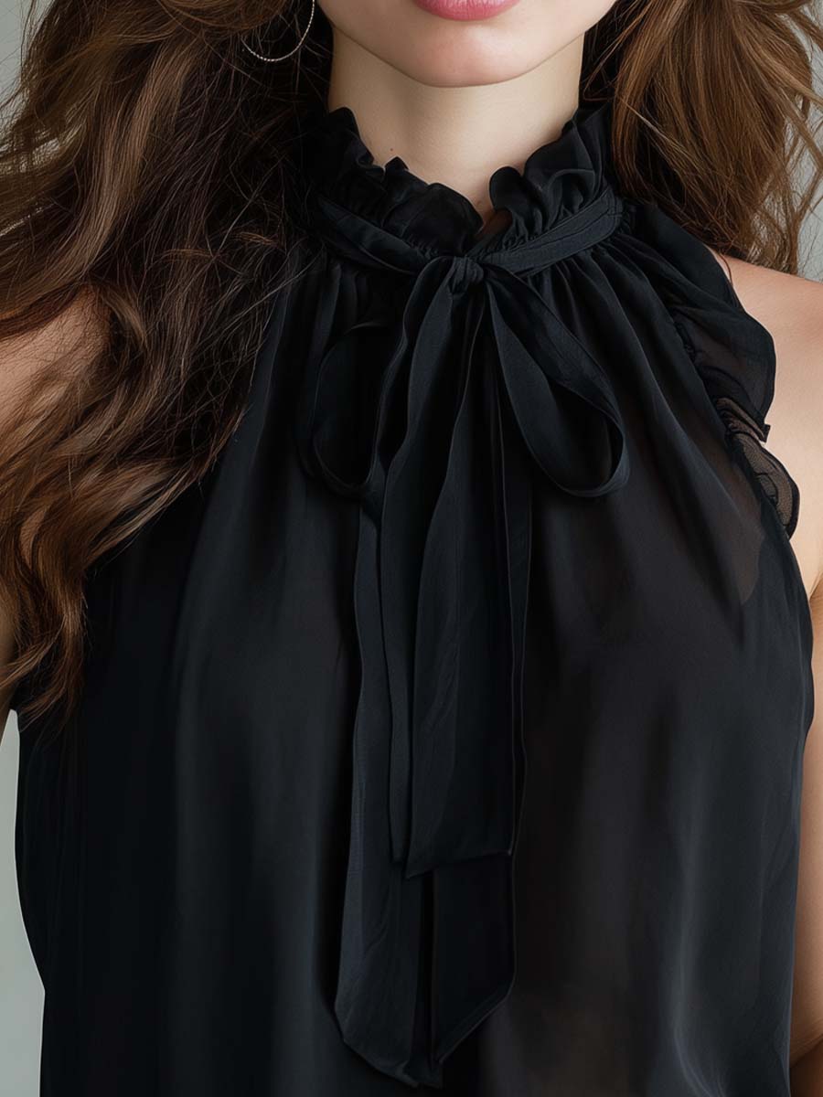 Classic And Elegant Tie-neck Sleeveless Chiffon Blouse.