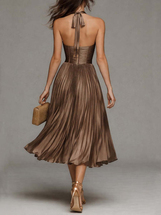 Elegant Pleated Halter Midi Dress