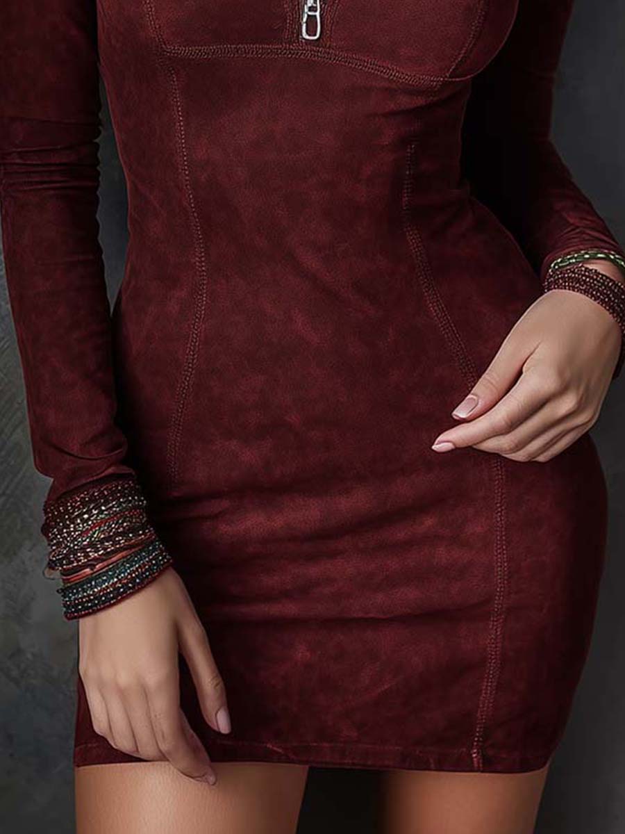 Eco-Suede Cold-Shoulder Zip-Front Bodycon Dress