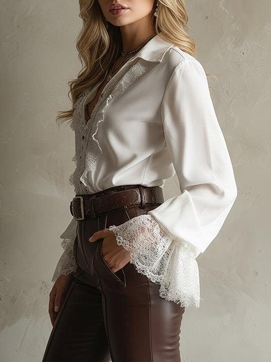 Elegant Cotton Blend Lace Bell Sleeves Blouse