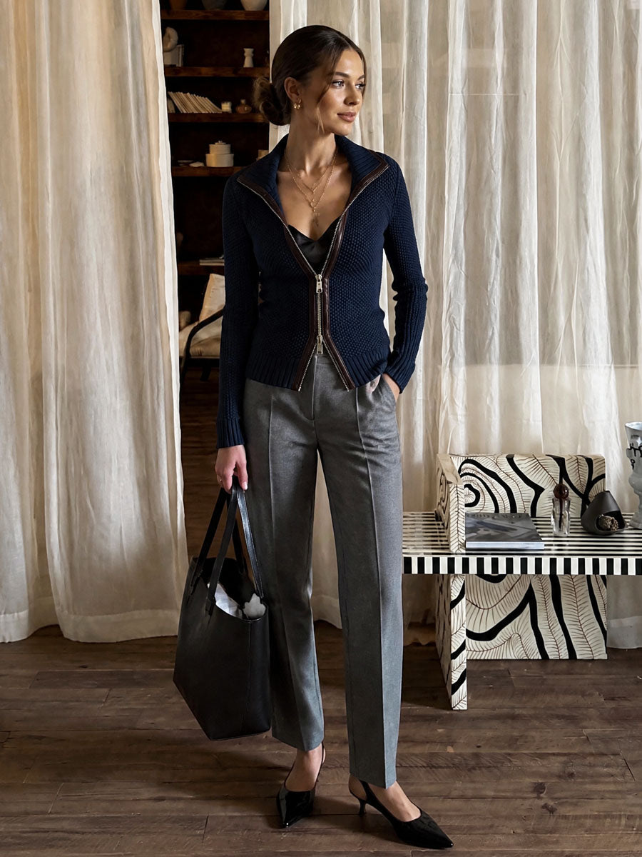 Retro Textured Knit Double Zipper Moto Jacket With Contrast PU Leather Trim