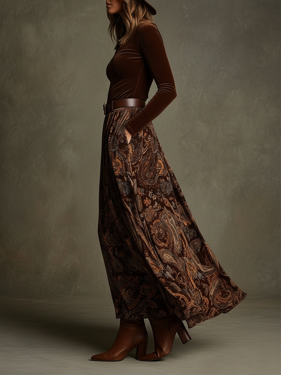 Vintage Stretch Velvet Top & Paisley Print Long Skirt Set With Belt