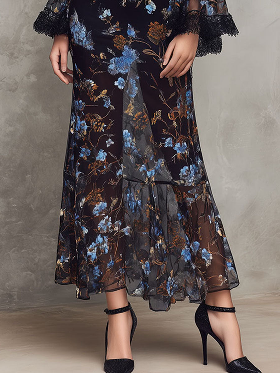 Black Floral Sheer Maxi Dress – Lace-Trimmed Bell Sleeves & High Neck
