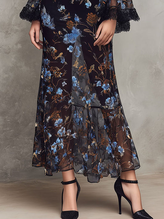 Black Floral Sheer Maxi Dress – Lace-Trimmed Bell Sleeves & High Neck