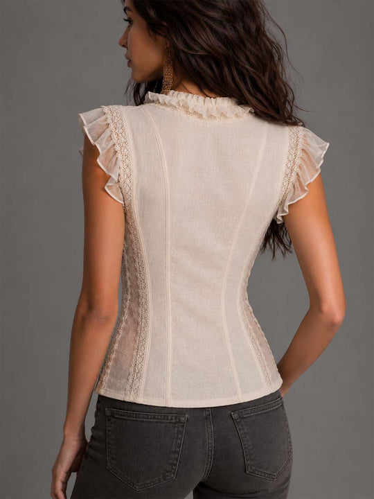 Bohemian Cream Cotton-Linen & Chiffon Lace Corset Top