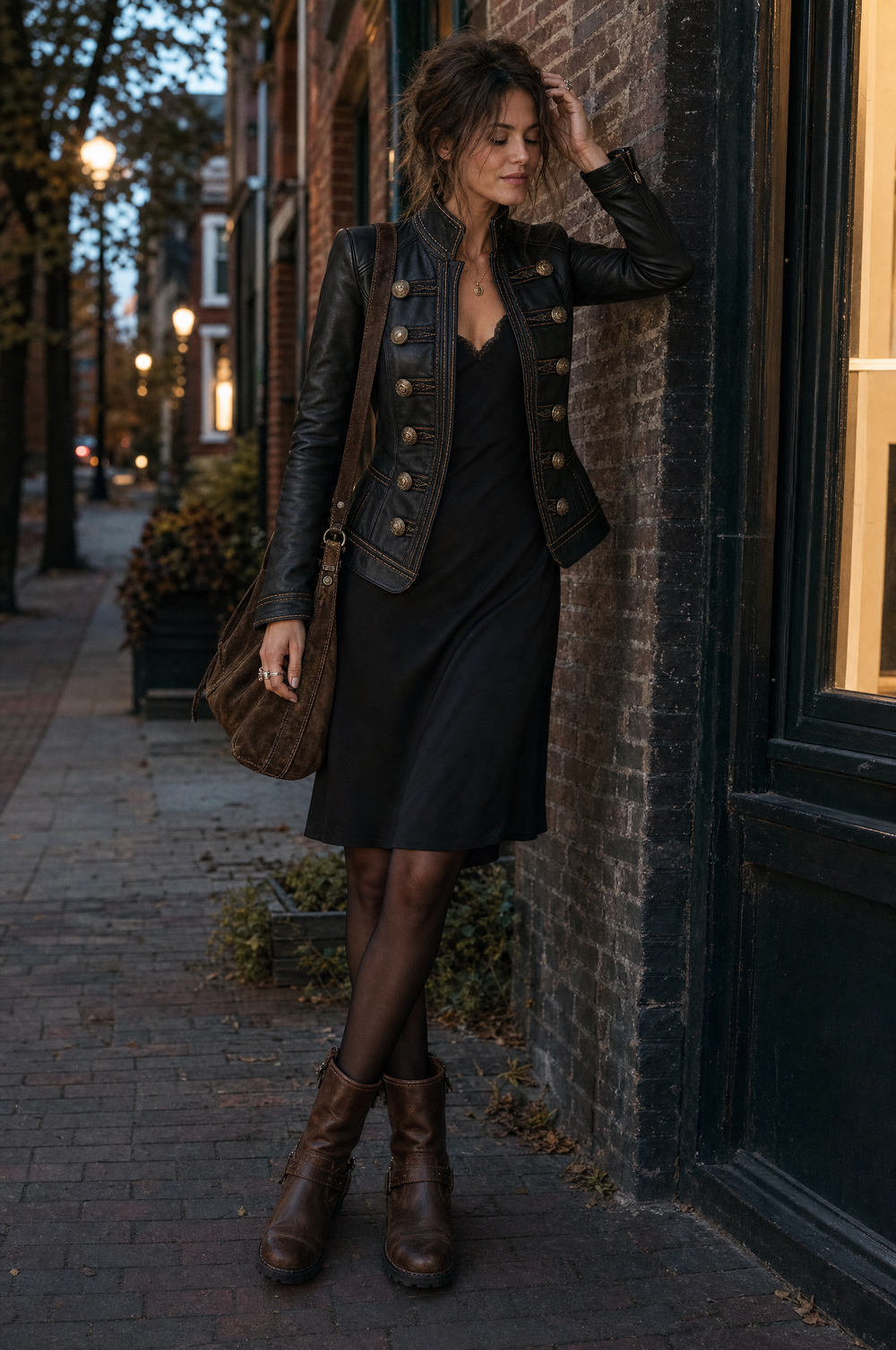 Vintage Military Gold-Button Black Faux Leather Fitted Jacket
