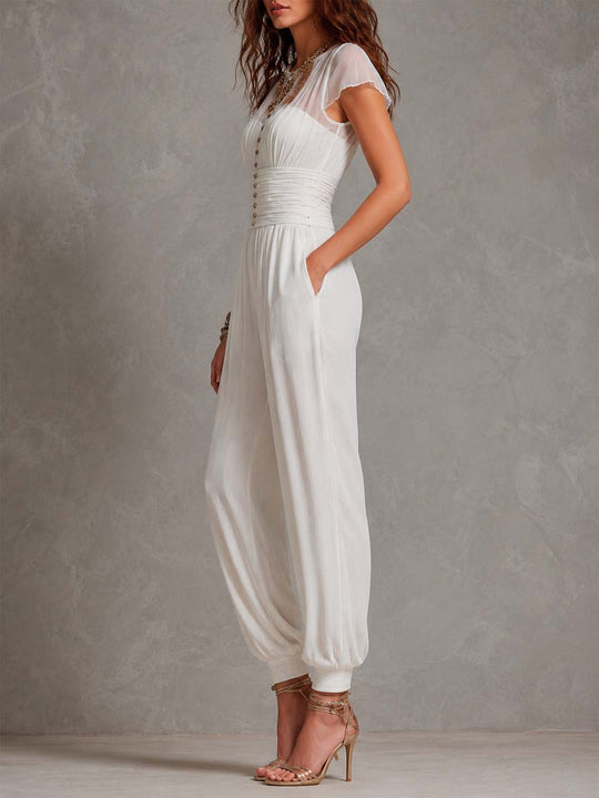 White Knit Chiffon-Paneled Sleeves Jumpsuit With Cinched Waist