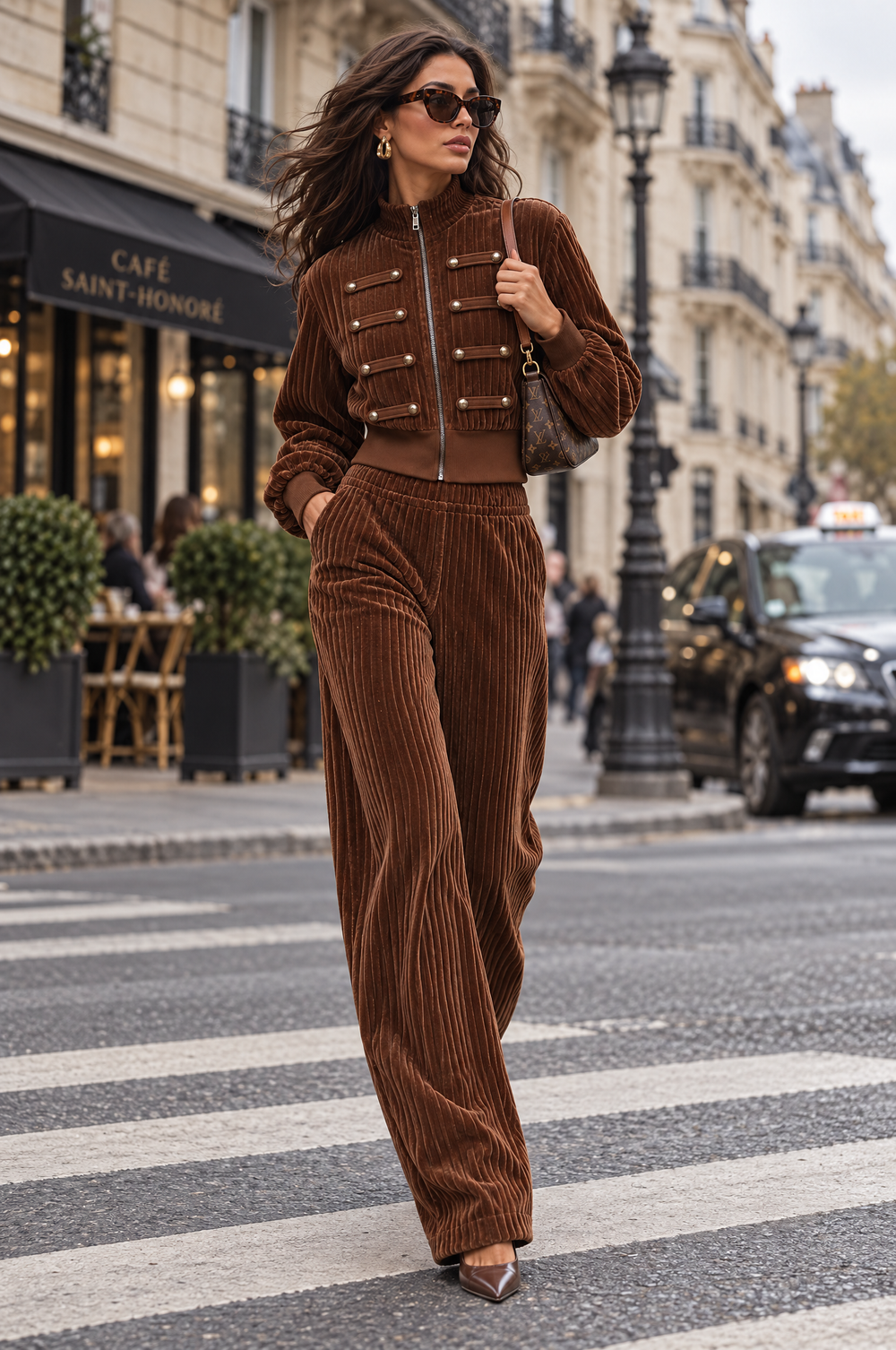 Boho Corduroy Military Style Zip Jacket & Wide Leg Pants Two-Piece Set