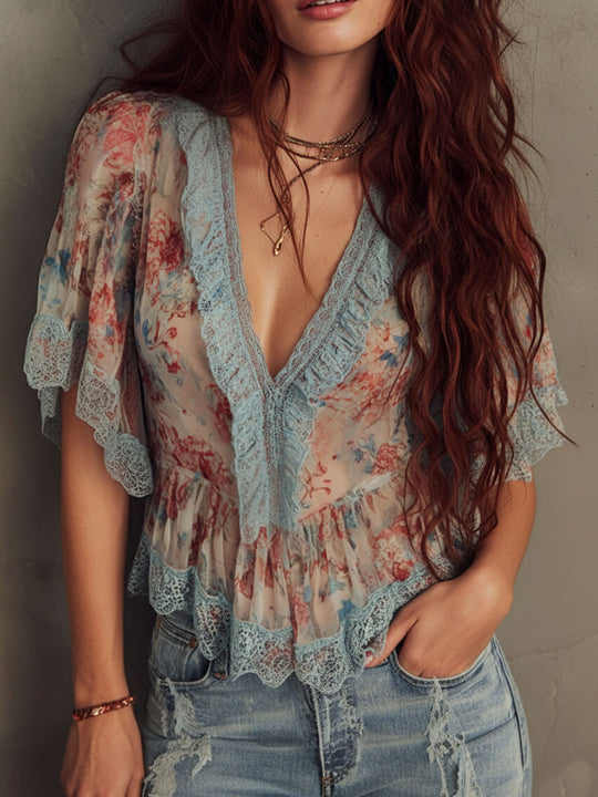 Romantic V Neck Lace Trim Floral Chiffon Blouse
