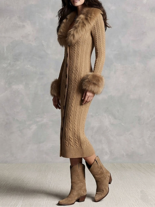 Retro Camel Faux Fur Collar & Cuffs Knit Sweater Midi Dress
