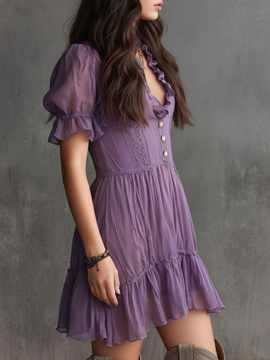 Boho Lavender Puff Sleeve Ruffle Button-Front Chiffon Mini Dress