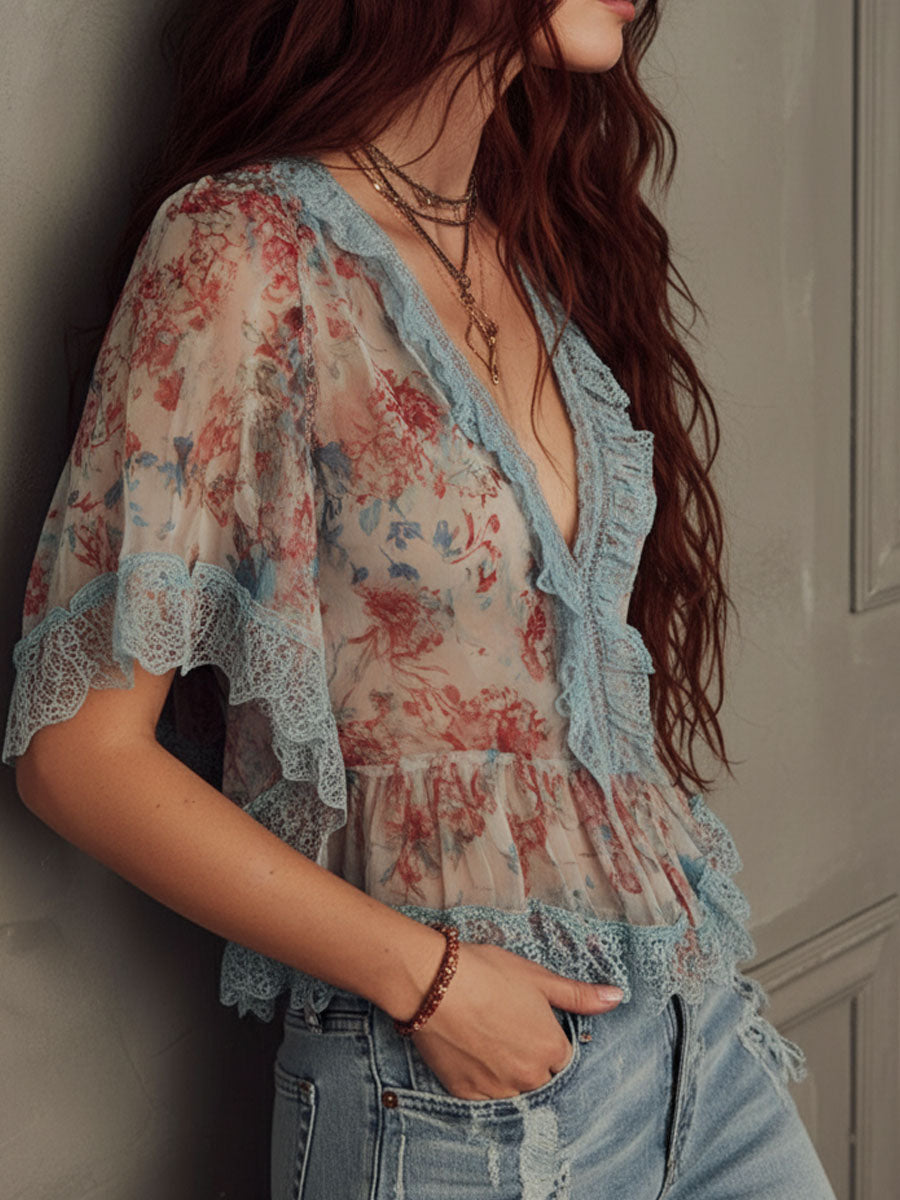 Romantic V Neck Lace Trim Floral Chiffon Blouse