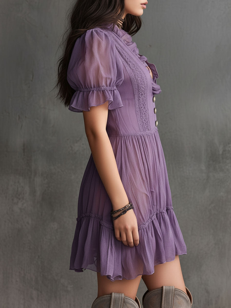 Boho Lavender Puff Sleeve Ruffle Button-Front Chiffon Mini Dress