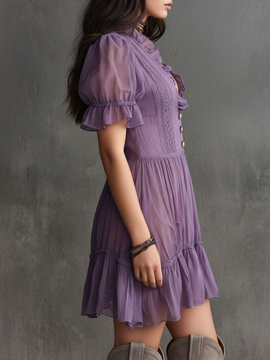 Boho Lavender Puff Sleeve Ruffle Button-Front Chiffon Mini Dress