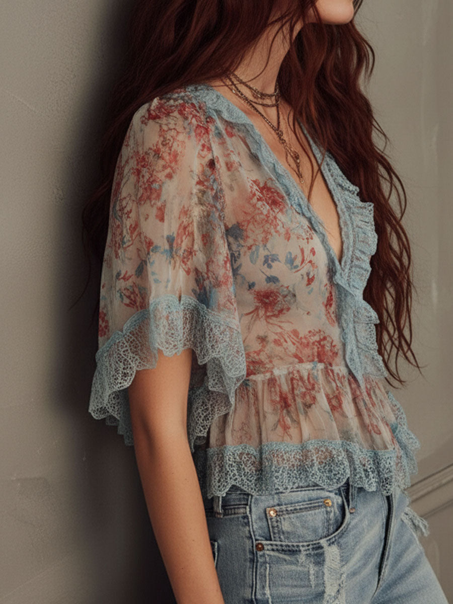 Romantic V Neck Lace Trim Floral Chiffon Blouse