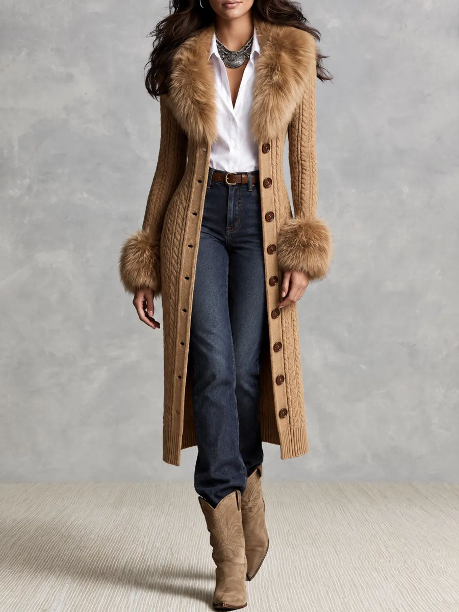 Retro Camel Faux Fur Collar & Cuffs Knit Sweater Midi Dress