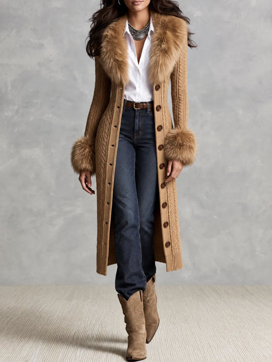 Retro Camel Faux Fur Collar & Cuffs Knit Sweater Midi Dress