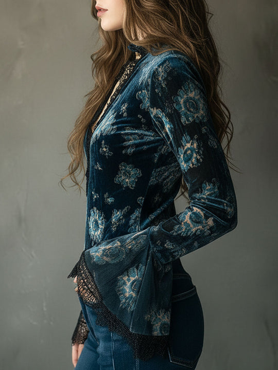Retro Blue Floral  Velvet Lace Blouse With Bell Sleeves