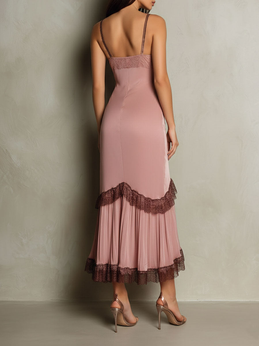 Elegant Blush Satin Lace-Trim Slip Midi Dress With Asymmetric Hem