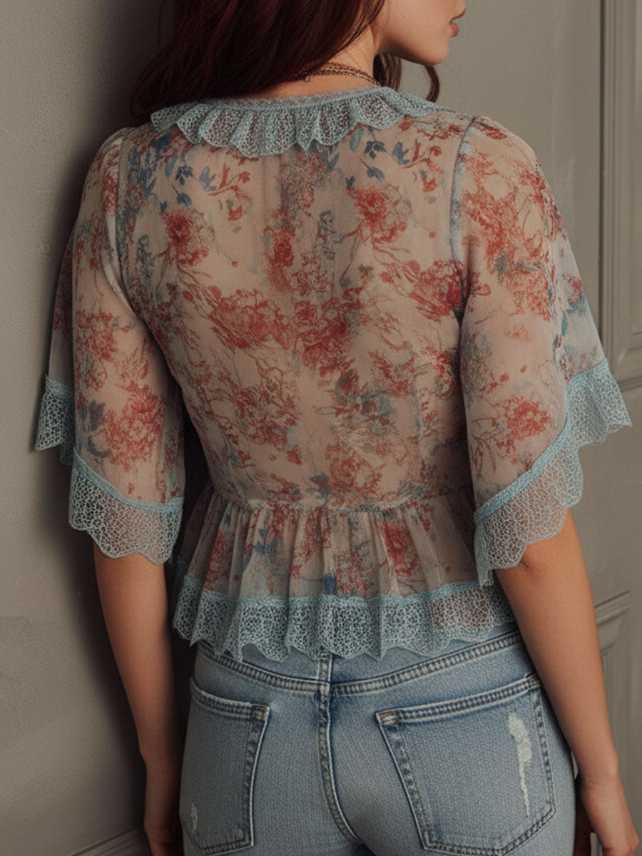 Romantic V Neck Lace Trim Floral Chiffon Blouse