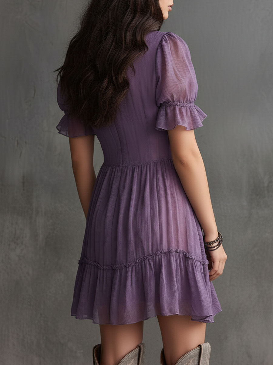 Boho Lavender Puff Sleeve Ruffle Button-Front Chiffon Mini Dress