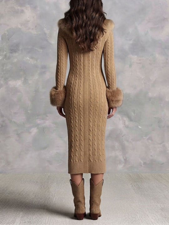 Retro Camel Faux Fur Collar & Cuffs Knit Sweater Midi Dress
