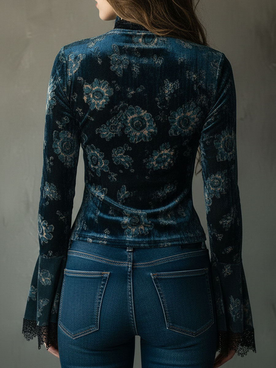 Retro Blue Floral  Velvet Lace Blouse With Bell Sleeves