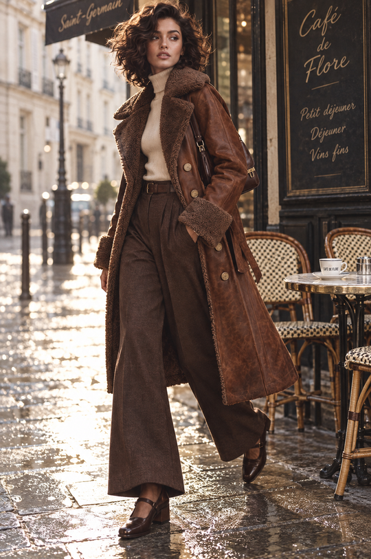 Women's Faux Shearling Trim Leather Trench Coat