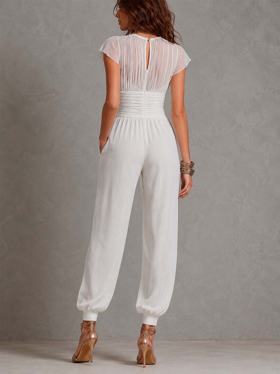 White Knit Chiffon-Paneled Sleeves Jumpsuit With Cinched Waist