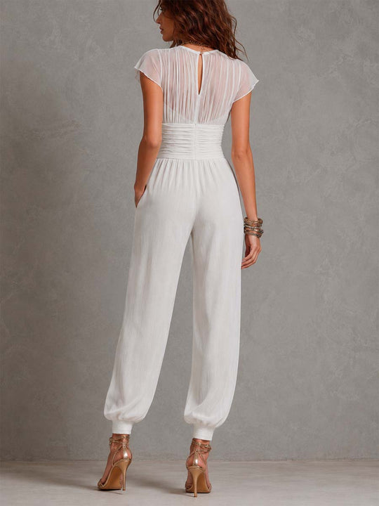 White Knit Chiffon-Paneled Sleeves Jumpsuit With Cinched Waist