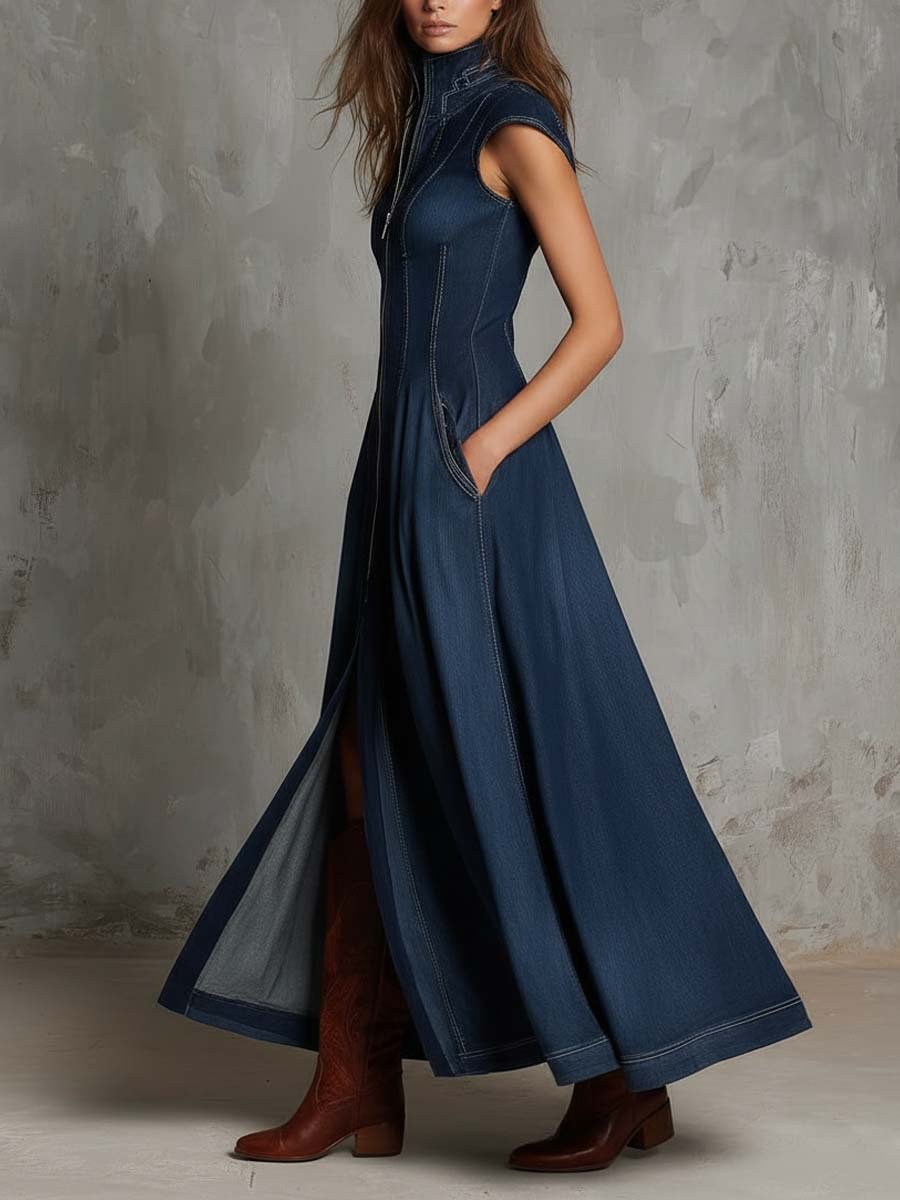 Vintage Boho Zip-Front Denim Maxi Dress