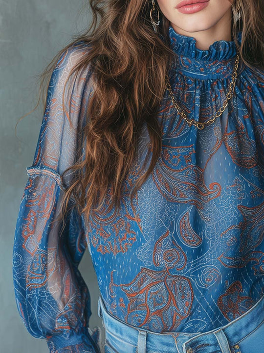 Vintage Pleated Neck Ruffle Cuffs Paisley Chiffon Blouse