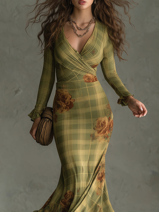 Retro Plaid Rose Print Slim Fit Fishtail Cotton Blend Maxi Dress