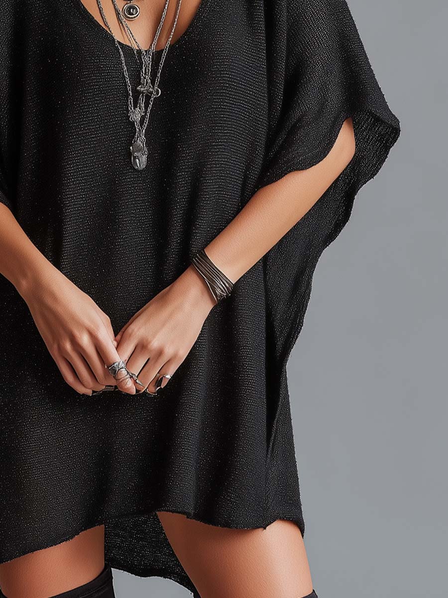 Retro Loose-fitting Batwing Sleeve Sparkly Knit Mini Dress