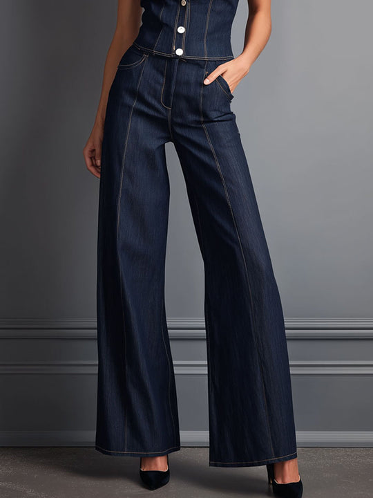 Retro Dark Indigo Denim Sleeve Shirt & Wide Leg Pants Set