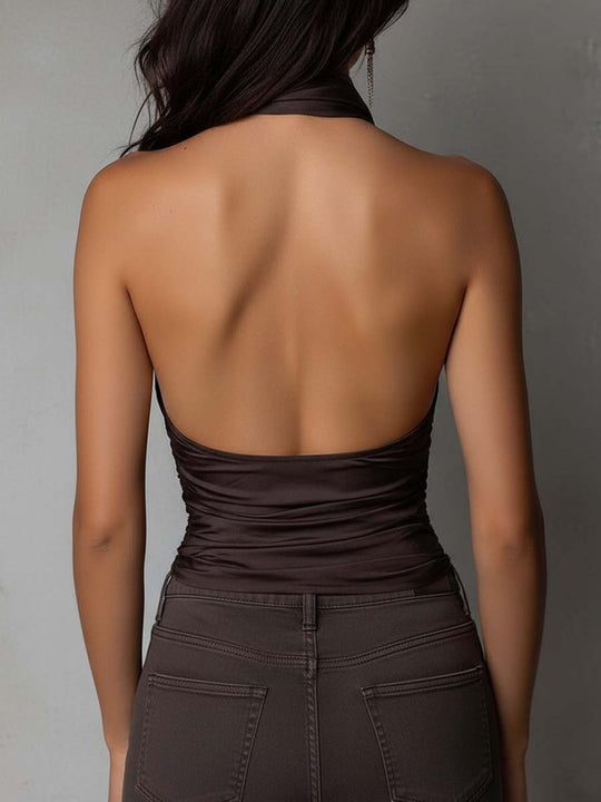 Vintage Elegant Dark Brown Satin Halter Neck Ruched Cowl Top