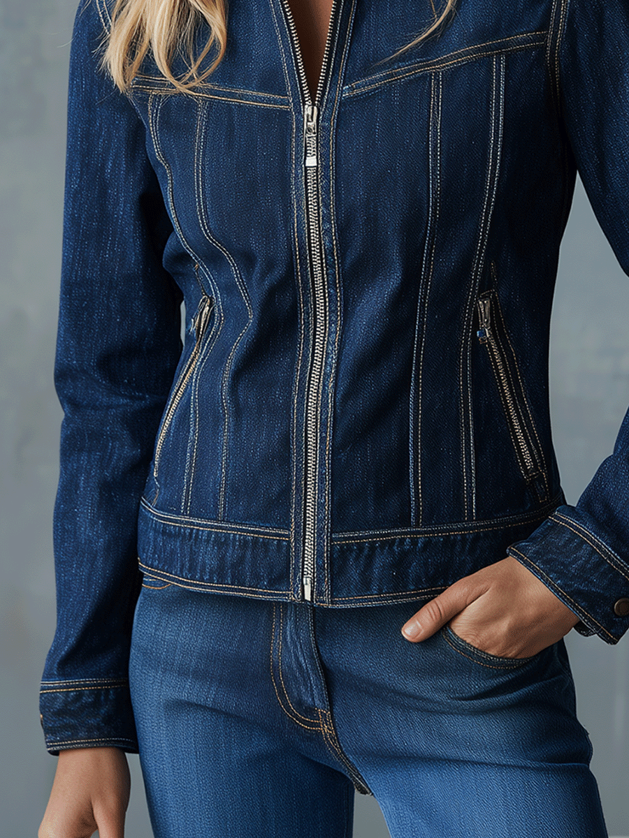Chic Everyday Structured Zip-Up Denim Jacket