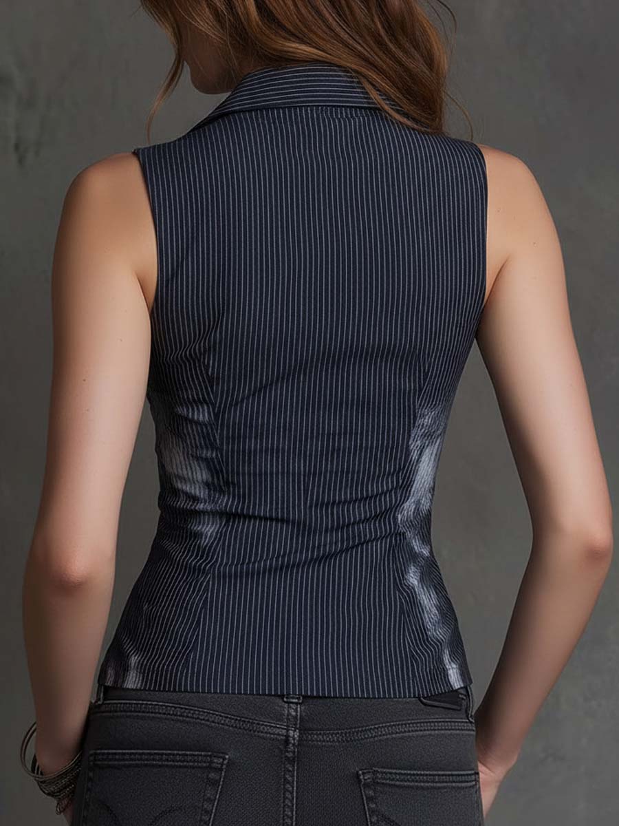 Vintage Boho Pinstripe Zip-Front Fitted Vest Top