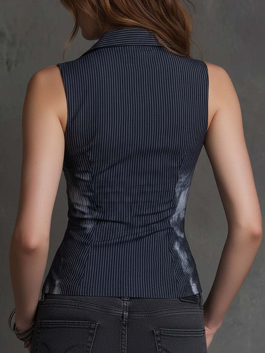 Vintage Boho Pinstripe Zip-Front Fitted Vest Top