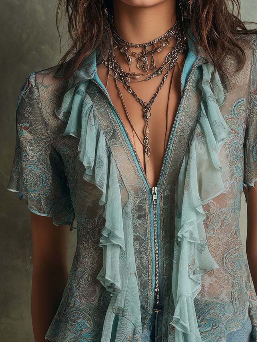 Bohemia Sage Paisley Lace Ruffle Blouse
