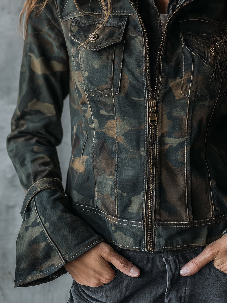 Bohemian Camouflage Bell Cuff Denim Jacket