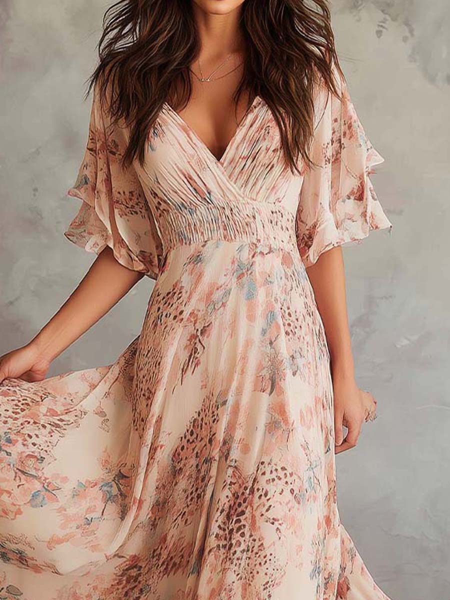 Floral Chiffon Flutter-Sleeve Maxi Dress