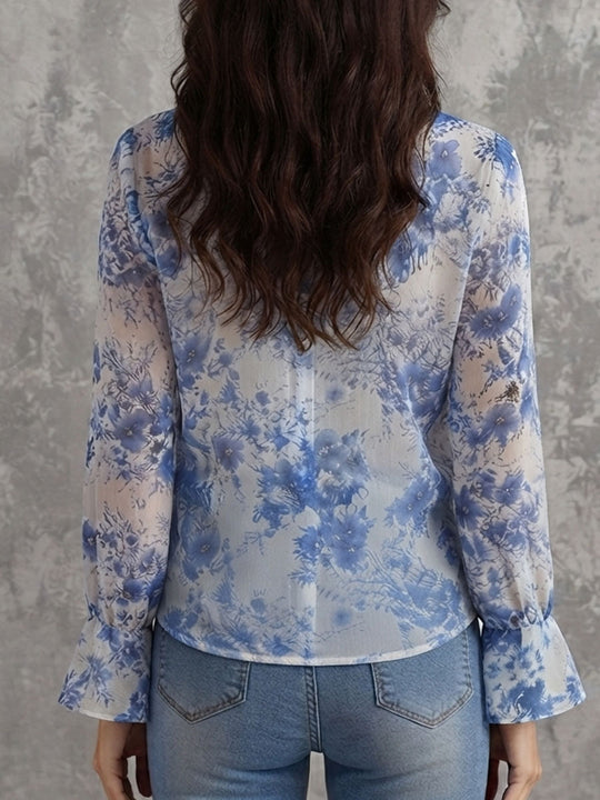 Boho Blue Floral Crinkle Chiffon Ruffle Collar Blouse