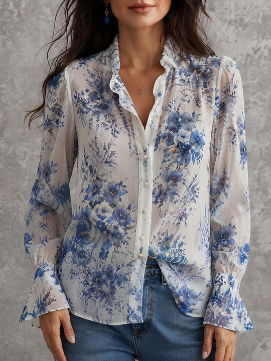 Boho Blue Floral Crinkle Chiffon Ruffle Collar Blouse