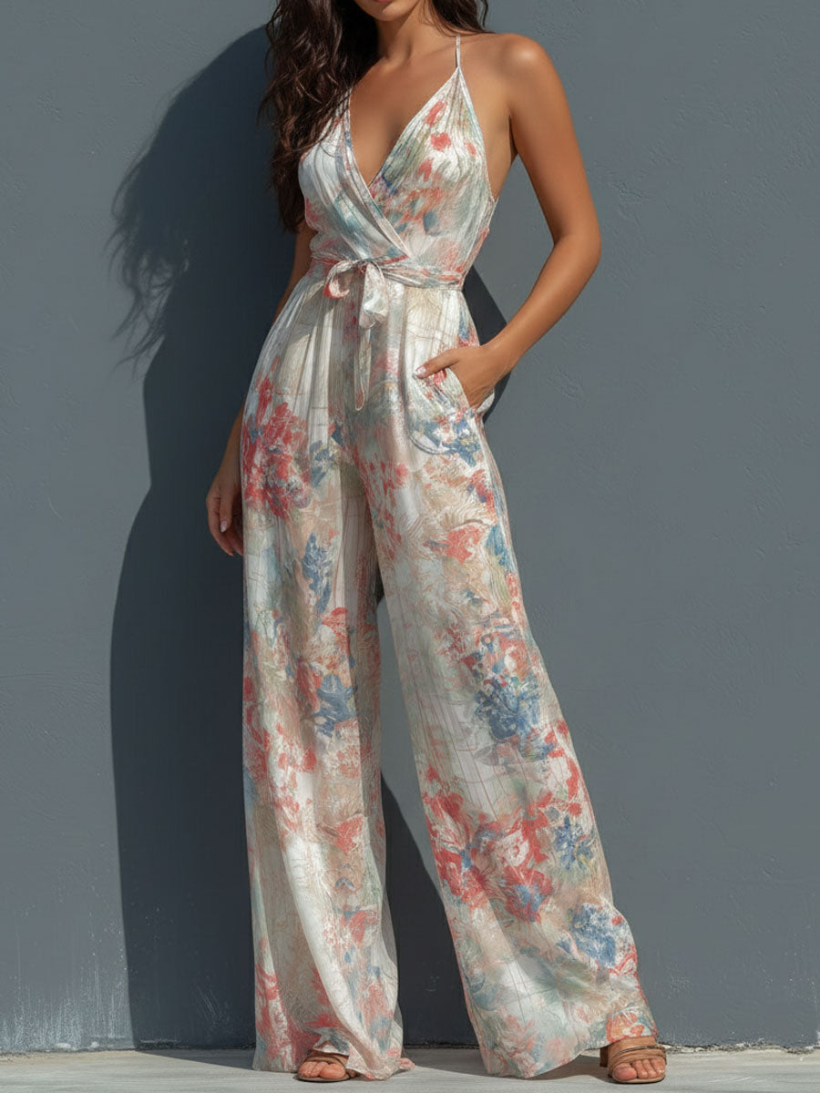 Boho Resort Floral Chiffon Halter Wrap Front Wide-Leg Jumpsuit