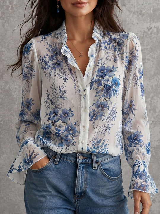 Boho Blue Floral Crinkle Chiffon Ruffle Collar Blouse