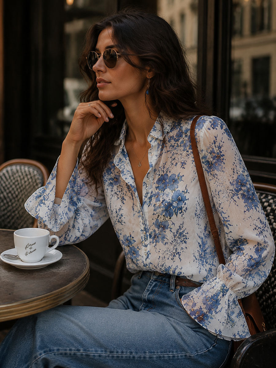 Boho Blue Floral Crinkle Chiffon Ruffle Collar Blouse