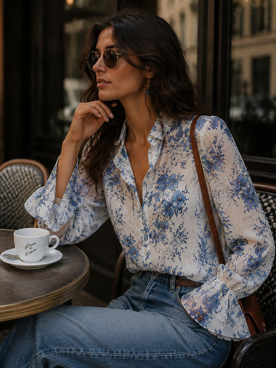 Boho Blue Floral Crinkle Chiffon Ruffle Collar Blouse