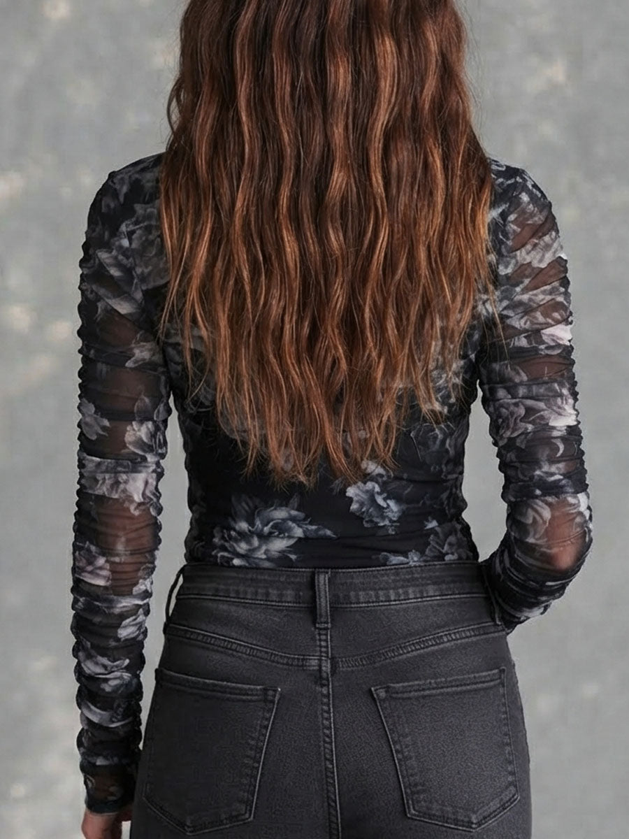 Boho Deep V Neck Dark Floral Sheer Mesh Top