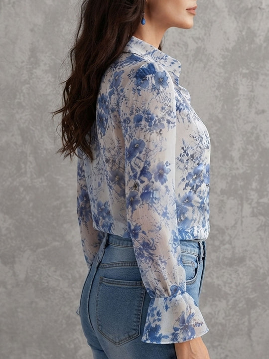 Boho Blue Floral Crinkle Chiffon Ruffle Collar Blouse